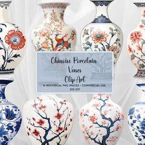 May include: A set of eight Chinese porcelain vases featuring a variety of floral and bird designs. The vases are white with blue, red, and gold accents. The text on the image reads " Chinoise Porcelain Vases Clip Art 16 Individual PNG Images - Commercial Use 300 DPI "