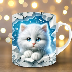 3D Kitten Hole In A Wall Mug Wrap Snow Mug Wrap Sublimation Design PNG 11oz Mug Wrap 15oz Coffee Cup Template 3D Cute Cat Mug Press Design
