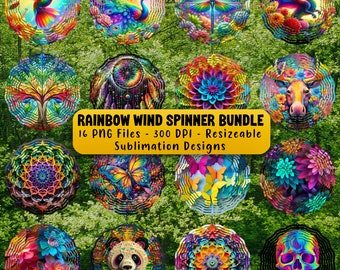May include: A set of 16 digital designs for rainbow wind spinners. The designs feature a variety of colorful and whimsical patterns, including peacocks, butterflies, flowers, and mandalas. The designs are perfect for creating unique and eye-catching wind spinners.