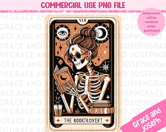 The Booktrovert Tarot Card PNG Book Lover png Tarot Card png Esqueleto Sublimación Diseño Tarot PNG Descarga Digital SOLO Lector Tarot png