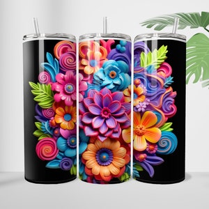 3D Rainbow Flowers 20 oz Skinny Tumbler Sublimation Design Straight AND Tapered Tumbler Wrap  Instant Digital Download PNG