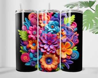 3D Rainbow Flowers 20 oz Skinny Tumbler Sublimation Design Straight AND Tapered Tumbler Wrap  Instant Digital Download PNG