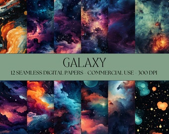 Könnte beinhalten: Zwölf digitale Papiere mit abstrakten Galaxie-Designs in Blautönen, Lila, Orange und Gelb. Die Papiere sind nahtlos und perfekt für die Erstellung von Hintergründen, Scrapbooking und anderen kreativen Projekten.