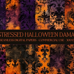Distressed Halloween Damask Digital Paper Seamless Grungy Brocade textures Black Orange Purple Instant Digital Download commercial use