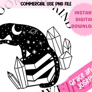 May include: Black silhouette of a cat sitting on a pile of crystals. The cat has a crescent moon and stars on its body. The crystals are outlined in black.