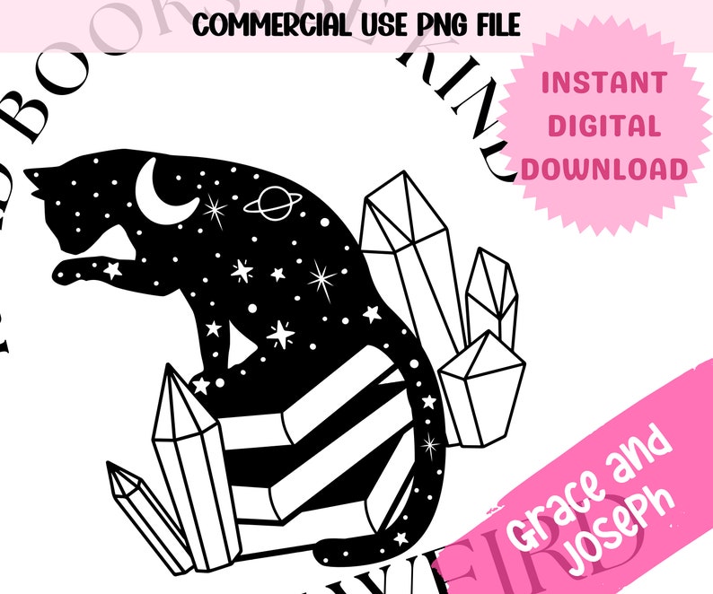 May include: Black silhouette of a cat sitting on a pile of crystals. The cat has a crescent moon and stars on its body. The crystals are outlined in black.