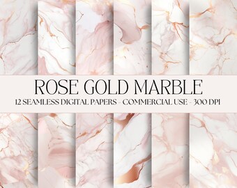 May include: Twelve seamless digital papers featuring a rose gold marble pattern. The papers are perfect for crafting, scrapbooking, and digital design projects.