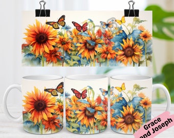 Watercolor Sunflower Butterfly Mug Wrap 11oz Mug Wrap 15oz Mug Wrap Mug Sublimation Design 3d Mug Wrap PNG Sunflower Mug Wrap Fall Mug Wrap