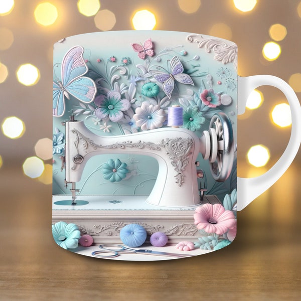 Pastel 3D Sewing Machine Mug Wrap 11oz Mug Wrap 15oz Mug Wrap Mug Sublimation Design 3d Mug Wrap Cricut Mug Press PNG Sewing Mug Wrap