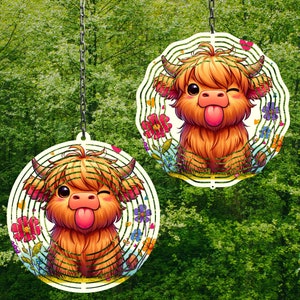 Tongue Out Highland Cow Wind Spinner Cow Wind Spinner Png Wind Spinner Sublimation Designs Garden Wind Spinner Designs Wildflower Spinner