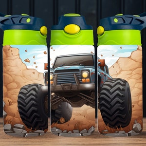 Monster Truck 12oz Kids Flip Top Tumbler Wrap 12oz Straight Tumbler Sublimation PNG Childrens Trucks Tumbler Wrap Design
