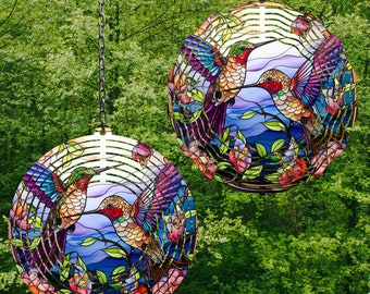 Hummingbird Wind Spinner Stained Glass Sublimation Design Template Wind Spinner SVG 10 inch Round Sublimation Round Hanging Spinners PNG