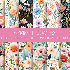 Spring Flower Digital Paper Seamless Watercolor Flower Backgrounds 12 Designs 12x12in Commercial Use Floral Medley Sublimation
