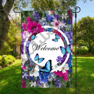Bandiera da giardino con farfalle, design a sublimazione, 12x18, bandiera con farfalle e fiori, design di bandiere da giardino di benvenuto, download digitale istantaneo in formato PNG.