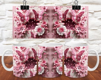 3D Butterfly Hole In A Wall Mug Wrap 11oz Mug Wrap 15oz Mug Wrap Mug Sublimation Design 3d Mug Wrap Instant Digital Download PNG Flower Mug
