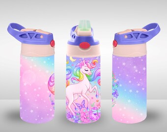 May include: A pink and purple water bottle with a unicorn design. The bottle has a blue lid with a carrying handle and a pop-up straw.