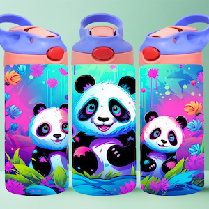 Lindo Panda 12oz Niños Flip Top Tumbler Wrap 12oz Vaso recto Sublimación PNG Niños Panda Tumbler Wrap para niñas Panda Tumbler Wrap