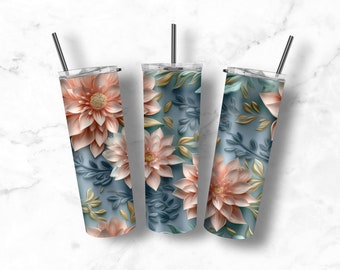 3D Pink Blue Flowers 20 oz Skinny Tumbler Sublimation Design Straight and Tapered Tumbler Wrap Instant Digital Download PNG