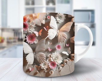 3D Butterfly Hole In A Wall Mug Wrap 11oz Mug Wrap 15oz Mug Wrap Mug Sublimation Design 3d Mug Wrap Instant Digital Download PNG Flower Mug