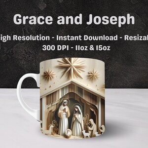 Puede incluir: Taza de cer&aacute;mica blanca con asa. La taza presenta una ilustraci&oacute;n colorida de la escena de la Natividad con Jos&eacute;, Mar&iacute;a y el ni&ntilde;o Jes&uacute;s. La ilustraci&oacute;n es de estilo de corte de papel con un esquema de color dorado y marr&oacute;n. El texto "Grace and Joseph" est&aacute; en la parte superior de la taza.