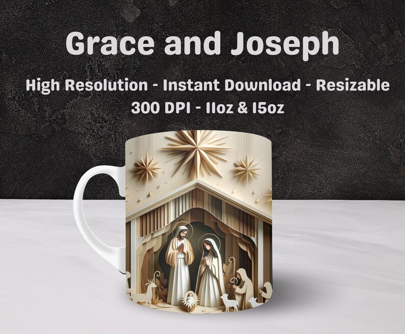 Puede incluir: Taza de cer&aacute;mica blanca con asa. La taza presenta una ilustraci&oacute;n colorida de la escena de la Natividad con Jos&eacute;, Mar&iacute;a y el ni&ntilde;o Jes&uacute;s. La ilustraci&oacute;n es de estilo de corte de papel con un esquema de color dorado y marr&oacute;n. El texto "Grace and Joseph" est&aacute; en la parte superior de la taza.