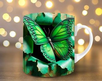 3D grüner Schmetterling Becher Wrap 11 Unzen Becher wickeln 15 Unzen Becher wickeln Becher Sublimation Design 3D Becher wickeln Sofortiger digitaler Download PNG Loch in der Wand Becher