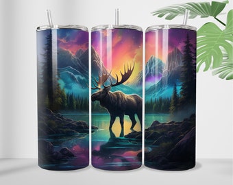 Elch Nordlichter 20 Unzen Sublimationsbecher Design Alkoholtinte Gerade und Verjüngt Skinny Wrap Sublimation PNG
