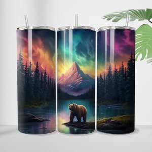 Bear Northern Lights 20oz Sublimation Tumbler Design Alcohol Ink Straight and Tapered Skinny Wrap Sublimation PNG
