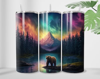 Bär Nordlichter 20 Unzen Sublimationsbecher Design Alkoholtinte Gerade und Verjüngt Skinny Wrap Sublimation PNG