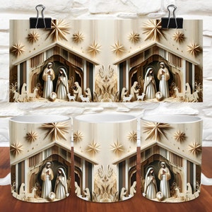Puede incluir: Tres tazas de cer&aacute;mica blanca con un dise&ntilde;o de escena de la natividad navide&ntilde;a. La escena presenta un establo de madera marr&oacute;n con una estrella en la parte superior, y figuras de Mar&iacute;a, Jos&eacute; y el ni&ntilde;o Jes&uacute;s. El fondo es una textura de papel beige y marr&oacute;n con estrellas.