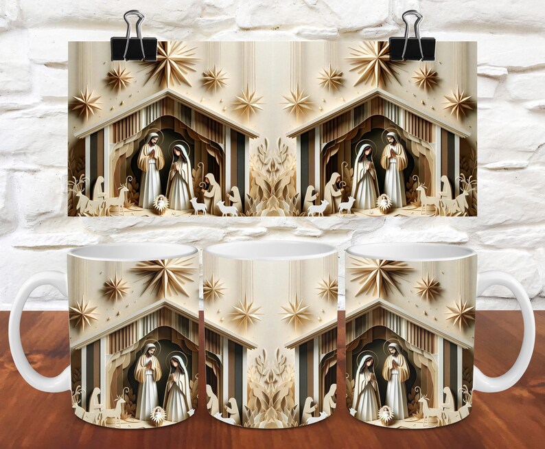 Puede incluir: Tres tazas de cer&aacute;mica blanca con un dise&ntilde;o de escena de la natividad navide&ntilde;a. La escena presenta un establo de madera marr&oacute;n con una estrella en la parte superior, y figuras de Mar&iacute;a, Jos&eacute; y el ni&ntilde;o Jes&uacute;s. El fondo es una textura de papel beige y marr&oacute;n con estrellas.