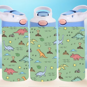 Green Dinosaur 12oz Kids Flip Top Tumbler Wrap 12oz Straight Tumbler Sublimation PNG Childrens Dinosaur Tumbler Wrap Design PNG
