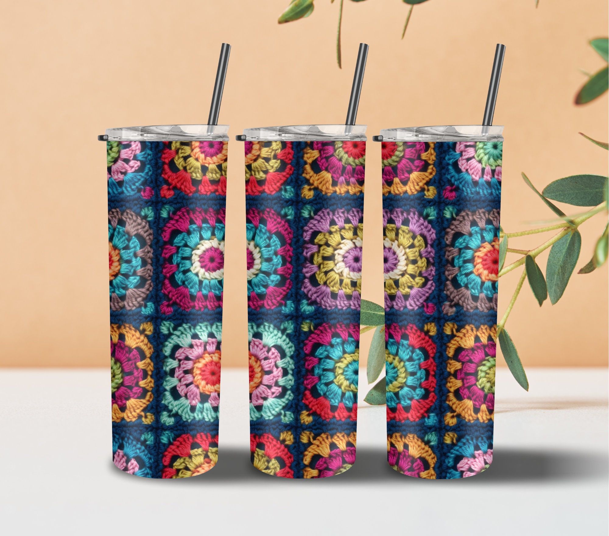 3D Crochet Granny Square Tumbler Straight AND Tapered Tumbler Wrap Yarn Fiber Art PNG 20oz Skinny Tumbler Wrap DIGITAL download