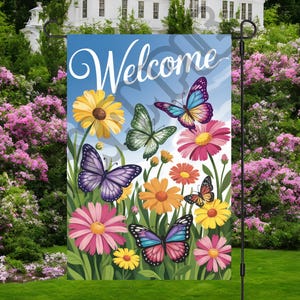 Bandiera da giardino con farfalla di benvenuto, design a sublimazione, 12x18, bandiera con farfalla e fiore, design per bandiere da giardino, download digitale in formato PNG