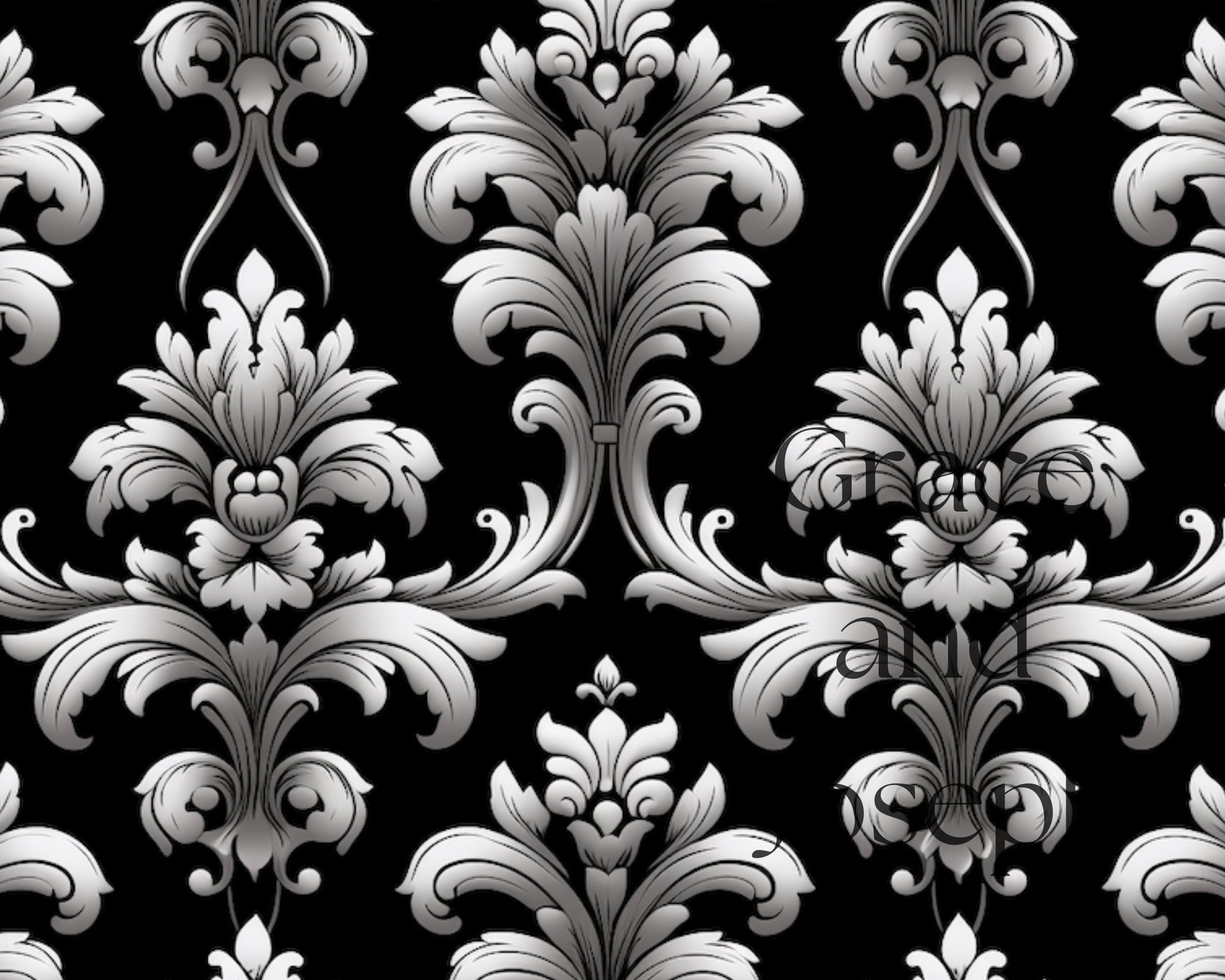 Black Damask Digital Paper Seamless Brocade Textures Black Gray Silver ...