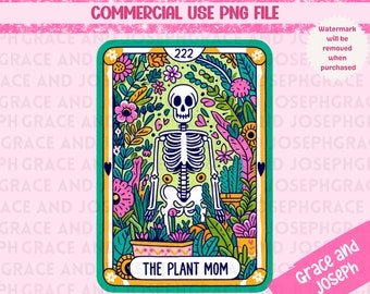 May include: A tarot card with a green border and a yellow background. The card features a skeleton with a skull and crossbones, surrounded by colourful flowers and plants. The text "222" is in the top right corner and "The Plant Mom" is at the bottom.