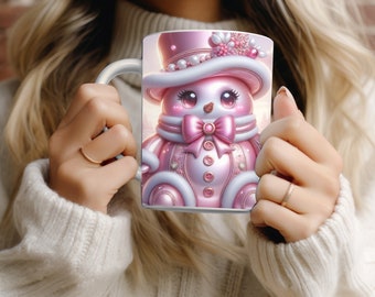 3D Pink Snowman Mug Wrap Christmas Mug Wrap Sublimation Design PNG 11oz Mug 15oz Coffee Cup Template 3D Glossy Snowman Mug Press Design