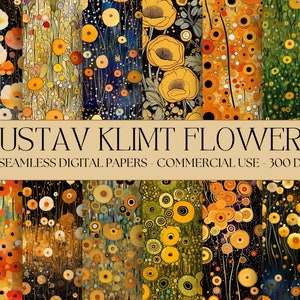 Carta digitale floreale Gustav Klimt, fiori saturi senza cuciture, sfondi 12 disegni 12 x 12 pollici, sublimazione floreale ispirata a Gustav Klimt