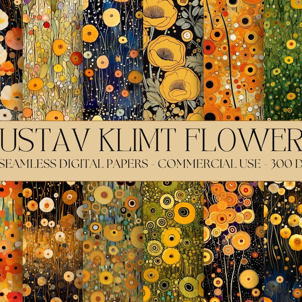Gustav Klimt Fiore Carta digitale Sfondi di fiori saturi senza soluzione di continuità 12 disegni 12x12 pollici Sublimazione floreale ispirata a Gustav Klimt