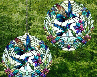 Stained Glass Hummingbird Wind Spinner Sublimation Design Template Wind Spinner SVG 10 inch Round Sublimation Round Hanging Spinners PNG