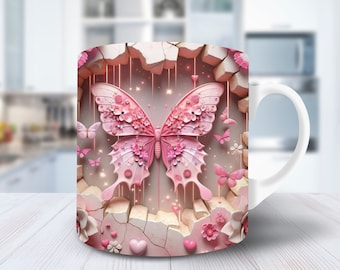 3D Butterfly Hole In A Wall Mug Wrap 11oz Mug Wrap 15oz Mug Wrap Mug Sublimation Design 3d Mug Wrap Instant Digital Download PNG Pink Mug