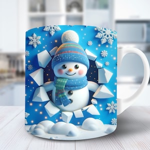 3D Snowman Hole In Snowflakes Wall Mug Wrap 11oz and 15oz Mug Template Mug Sublimation Design Mug Wrap Template PNG Instant Digital Download