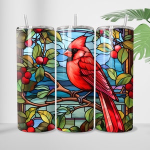 Cardinal Flowers 20 oz Skinny Tumbler Sublimation Straight and Tapered Tumbler Wrap DIGITAL Download PNG Stained Glass Sublimation Design