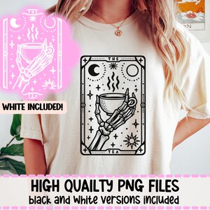 May include: Black and white illustration of a skeleton hand holding a steaming cup of tea. The illustration is in the style of a tarot card with the words "The Tea" at the top.