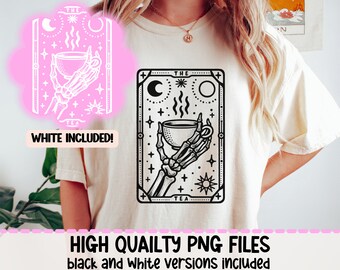 May include: Black and white illustration of a skeleton hand holding a steaming cup of tea. The illustration is in the style of a tarot card with the words "The Tea" at the top.