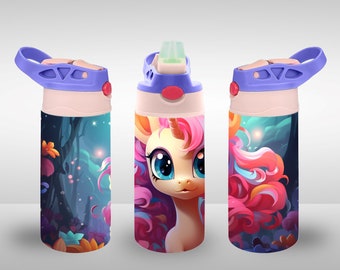 May include: Three pink and purple water bottles with a unicorn design. The bottles have a carrying handle and a flip top lid.
