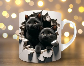 3D Kitten Hole in a Wall Mug Wrap 11oz Mug Wrap 15oz Mug Wrap Mug Sublimation Design Cat Mug Wrap Instant Digital Download PNG Black Cat Mug