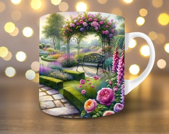 Emballage de tasse jardin anglais aquarelle Tasse à café PNG Mug Presse Sublimation Design Tasse à sublimation Emballage complet Emballage numérique pour tasse de 11 oz Emballage de tasse de 15 oz