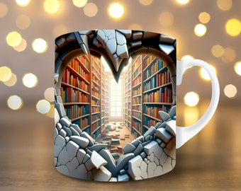 3D Bookshelf Mug Sublimation 3D Book Mug Wrap 11oz Mug Wrap 15 Oz Mug Wrap Design 3D Mug Wrap Book Lover Mug Coffee Mug Hole in the Wall Mug