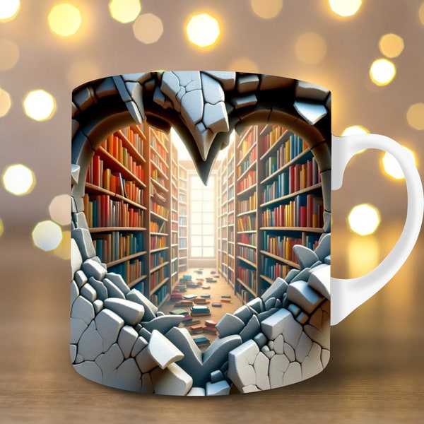 3D Bookshelf Mug Sublimation 3D Book Mug Wrap 11oz Mug Wrap 15 Oz Mug Wrap Design 3D Mug Wrap Book Lover Mug Coffee Mug Hole in the Wall Mug